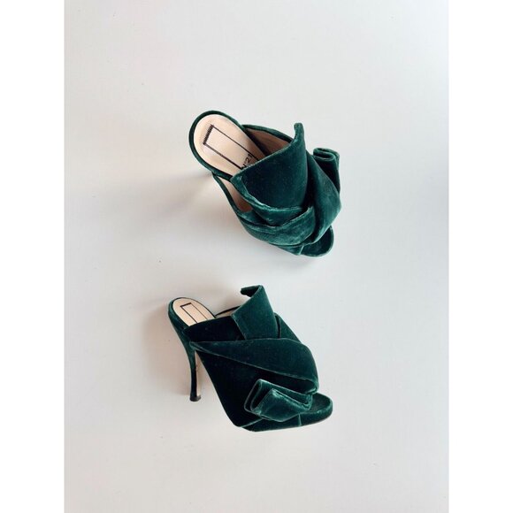 NWOB N.21 Dark Green Velvet Bow Knotted Peep Toe High Heel Mules, Size 36 - Picture 1 of 16